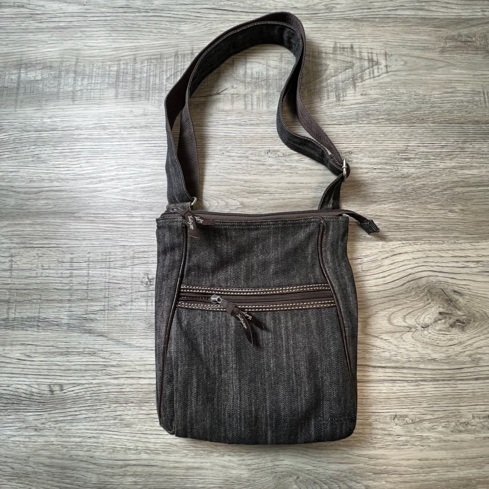 Thirty-One Crossbody Bag Womens Medium Dark Denim Blue Brown Adjustable Strap